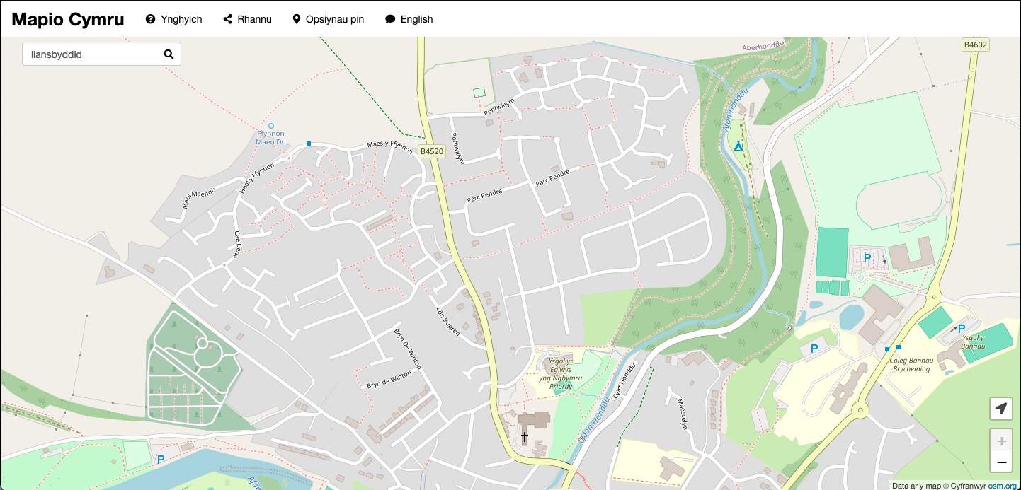 Screenshot from the Mapio Cymru website. It shows north Brecon with many un-labelled roads.