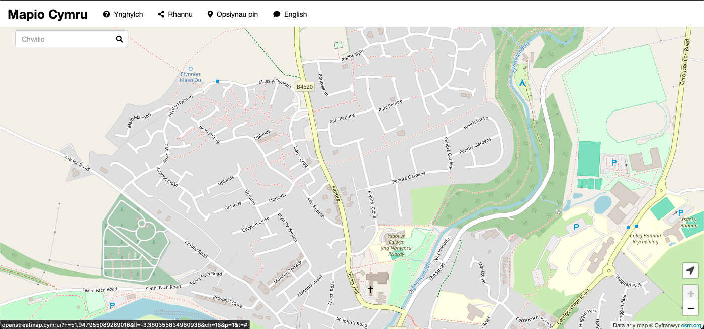 Screenshot from Mapio Cymru website of a map of the north of Brecon. Almost all roads now have a label on them.